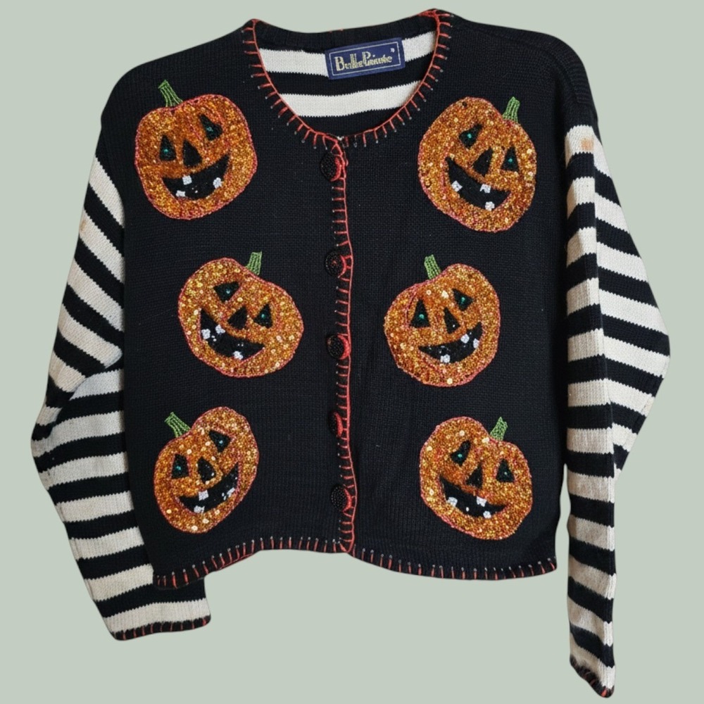 BellePointe Halloween Pumpkin Sequin Cardigan Black Striped Vintage Sweater